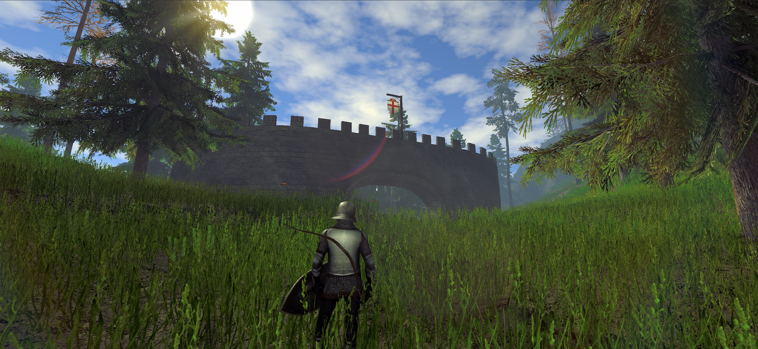 Knight approaching a stone bridge and fortified walls in Nine Crowns of Faenord