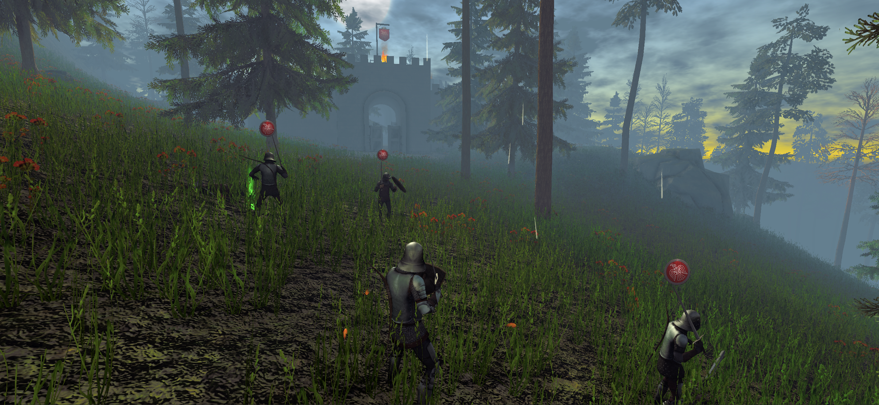 Knight near a fortified wall and open hillside in Nine Crowns of Faenord