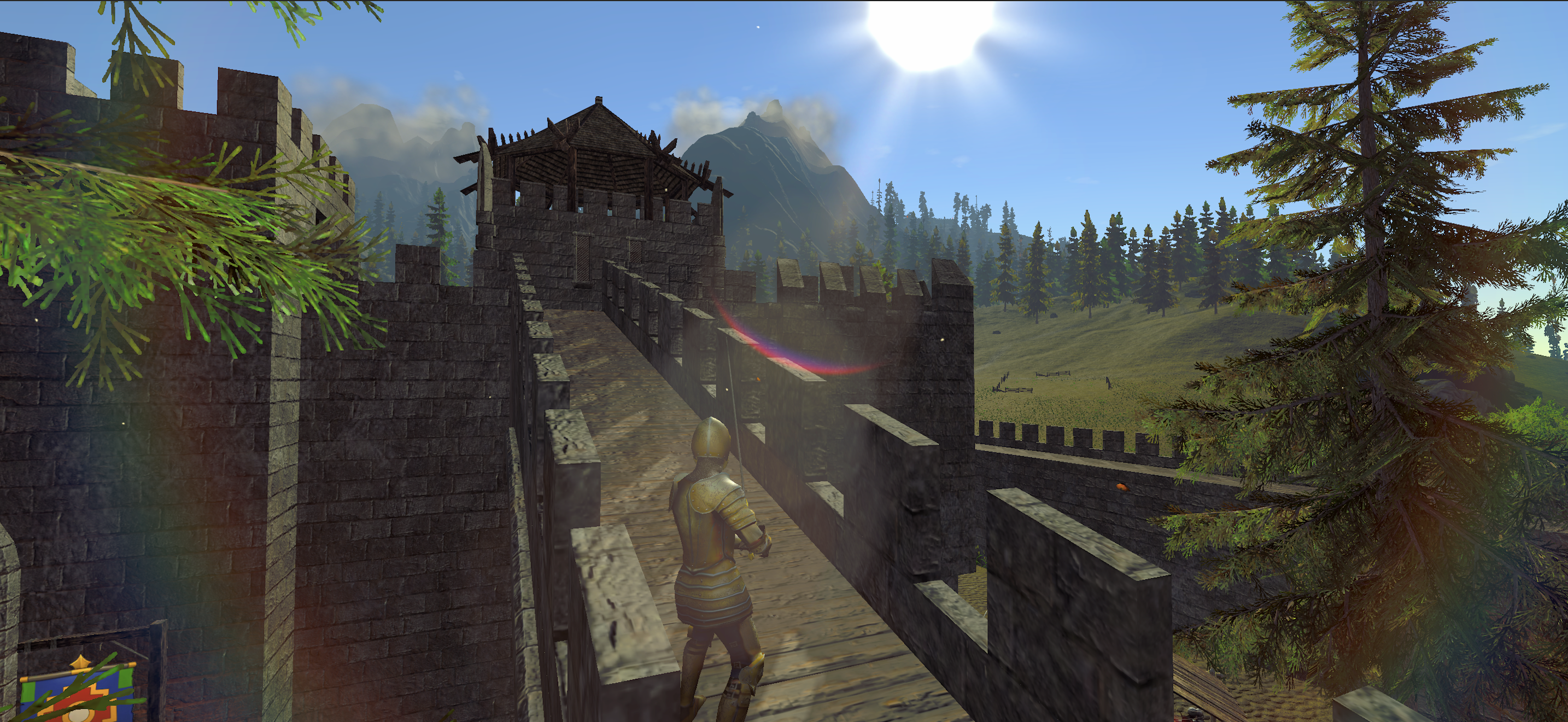 Armored hero standing on the walls of a stone stronghold in Nine Crowns of Faenord